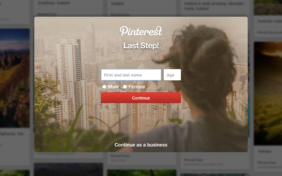 Pinterest, ilk üyelik sonrası kullanıcı profili hakkında bilgileri almaya başlıyor.